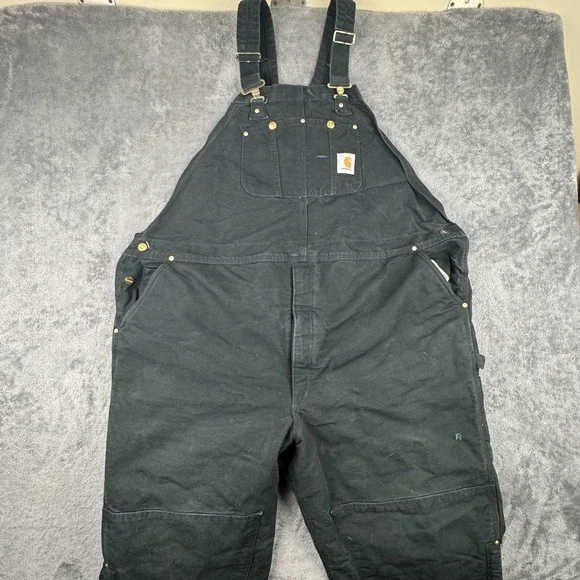 VTG Carhartt Bib Overalls Mens 52x31 Black Duble Knee Duck Quilt Lined USA RO2 - Picture 1 of 11